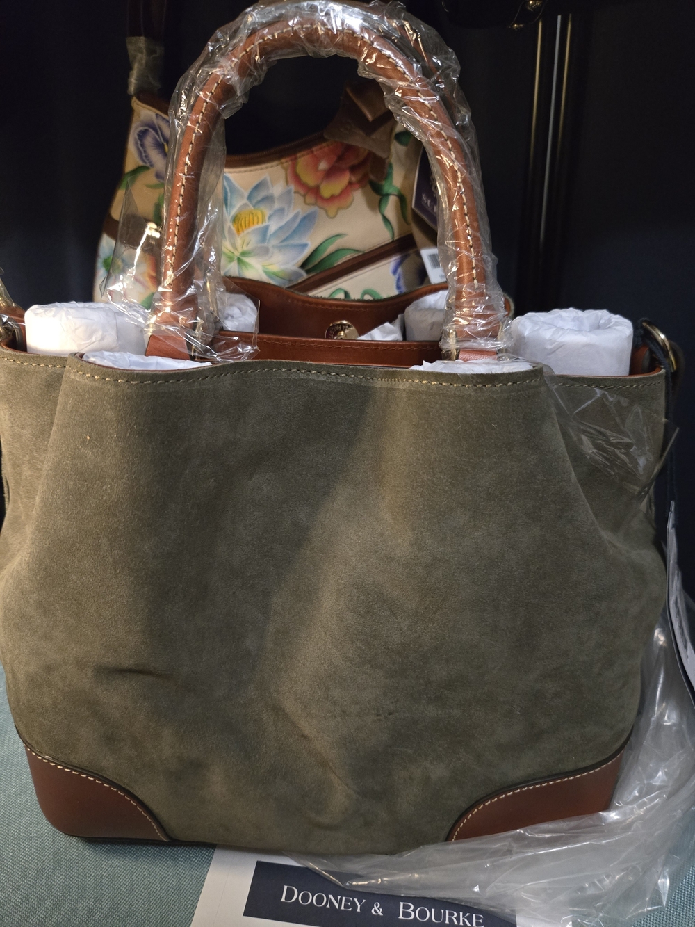 NWT. Beautiful Dooney & Bourke Moss Suede BARLOW with Brown Leather Trim - Picture 8 of 12